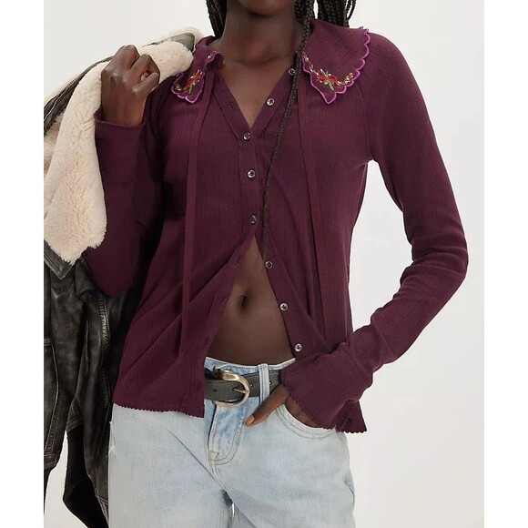 Free People Juniper Long Sleeve Cardi Top Buttondown Embroidered XL NEW 284594 - Picture 2 of 7